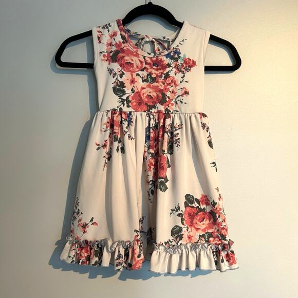 Cheeky Plum Sleeveless Tie Neck Twirl Dress, Cream with Rose Floral, 4T - Picture 1 of 9